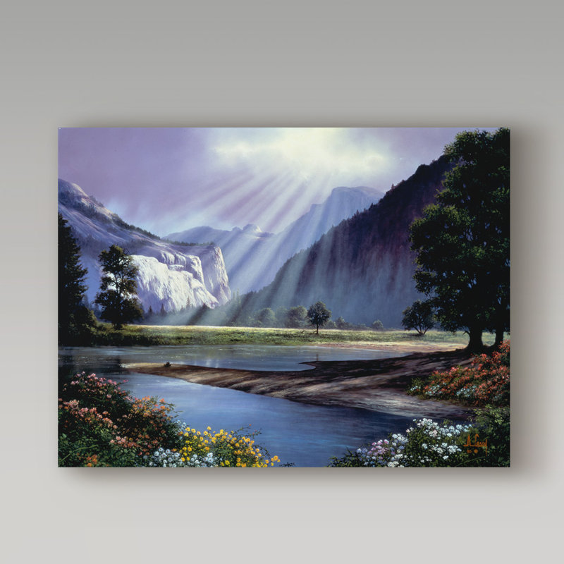 «Light Over Mountain Scene» par Fikes, reproduction de peinture à l'huile sur toile tendue, H 18 po x l 24 po