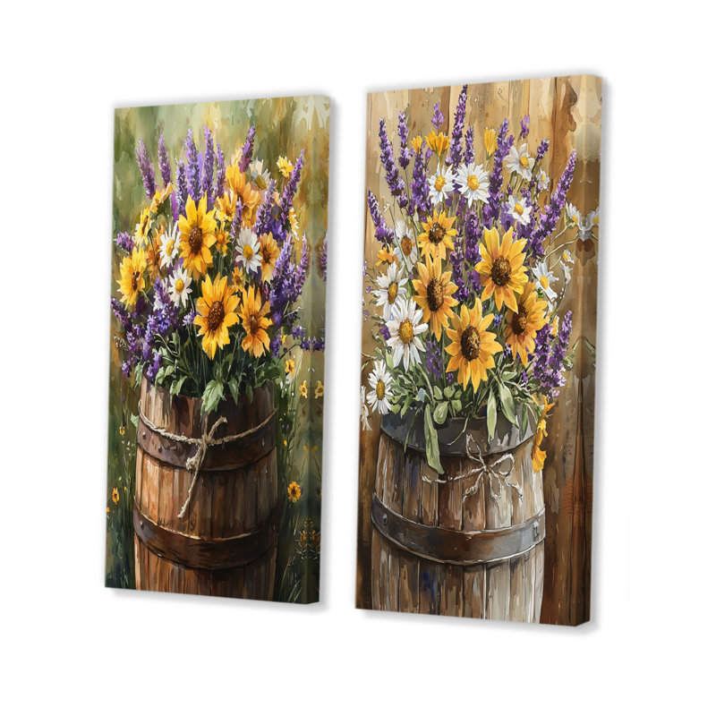 Fleurs sauvages et lavande dans un tonneau de ferme I - Collection de 2 panneaux décoratifs floraux, H 28 po x l 25 po