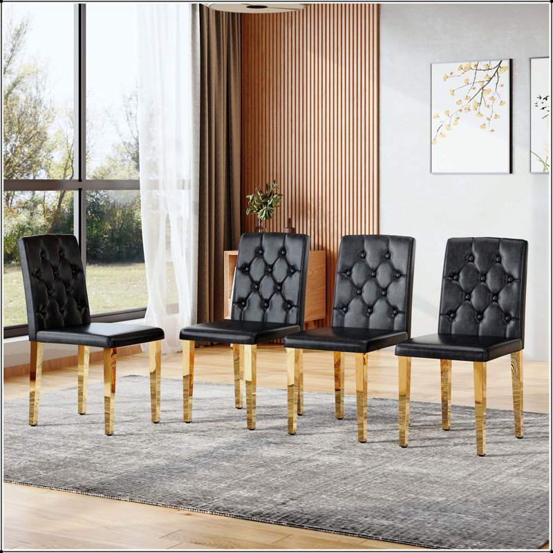 Chaise de salle à manger en polyuréthane noir avec dossier à boucle ergonomique et pieds dorés - ensemble de 4, Doré