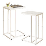 Set Of 2 Sofa Side Table,C Shaped End Table, Snack Coffee Laptop Desk With Metal Frame For Office, Living Room, Bedroom, White Faux Marble And White Metal Frame
