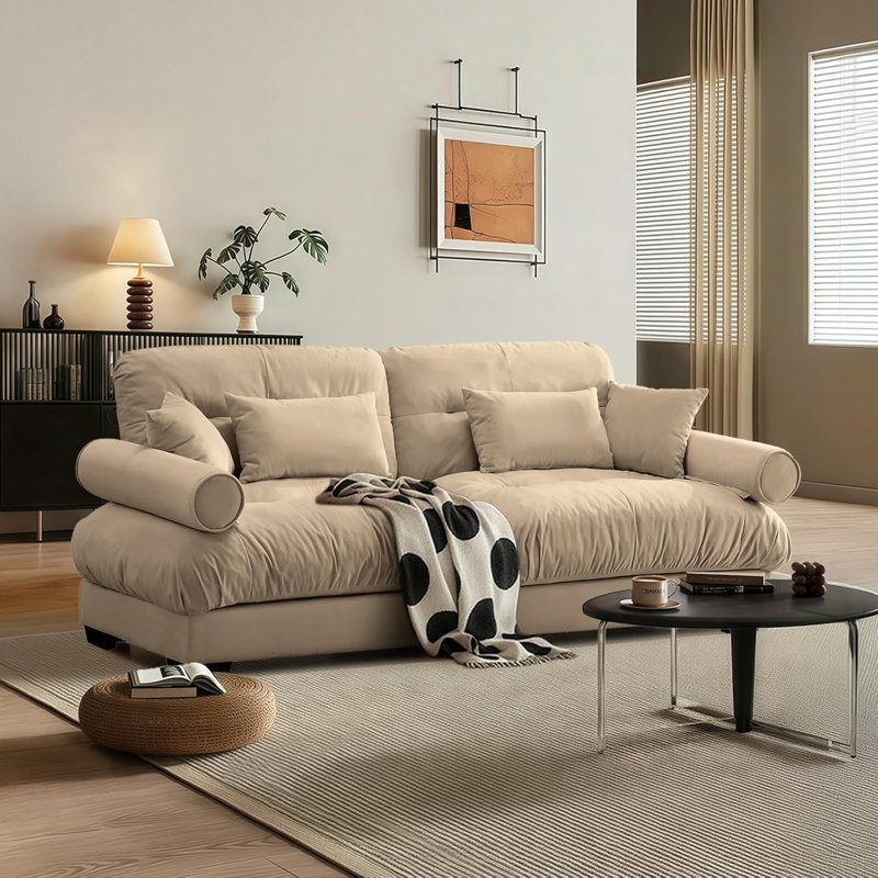 Causeuse en velours 93,7 po de large avec accoudoirs rembourrés et 2 coussins décoratifs en velours 93,7 po, Chameau
