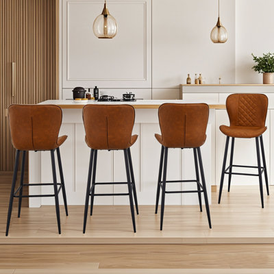 Abraham Set Of 4 Bar Stool Faux Leather Counter Height Modern Bar Stools With Back Metal Legs And Footrest Urban Armless Dining Chairs PU Leather Bar Stool For Kitchen Island Rustic