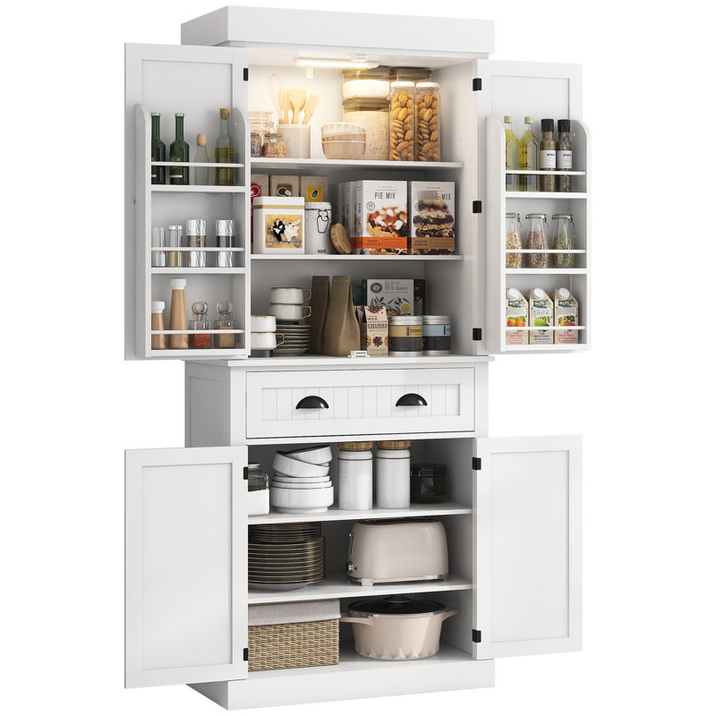 Kitchen Pantry Storage Cabinet 71" - Motion Sensor , 6 Door Shelves, Drawer, 4 Adjustable Shelves White Attribute 71.3"H With For Exquisite Living, Dining Setups