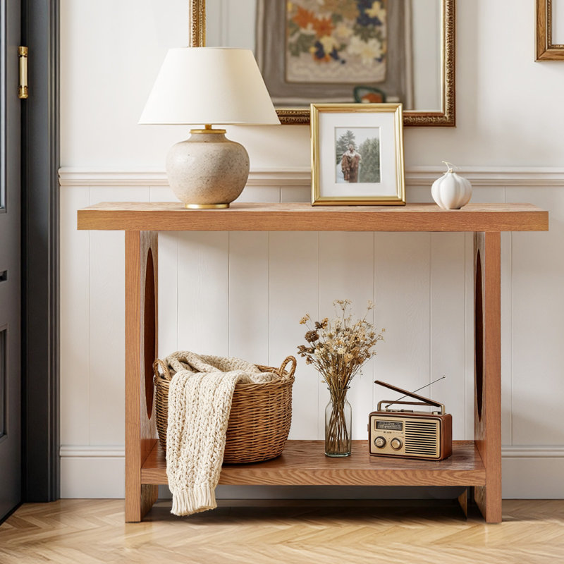 47.2" Rectangle Solid Wood Veneer Console Table with Open Storage, Walnut