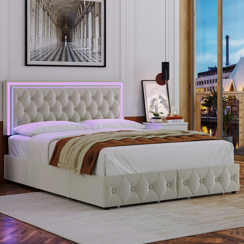 Ancuta Velvet Upholstered Platform Bed with RGB LED Lighting and Storage Drawers, Queen