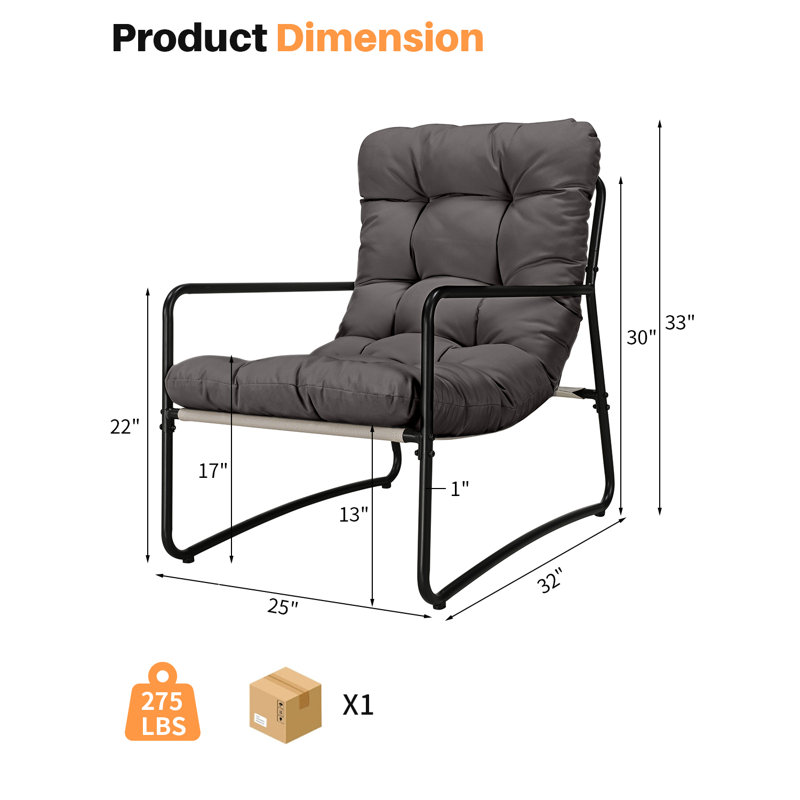 Outdoor Accent Chair, Modern Metal Outdoor Lounge Chair, Comfy Patio Accent Chair with Padded Seat, All Weather Outdoor Patio Chair for Living Room, Apartment, Bedroom, Poolside, Dark Grey