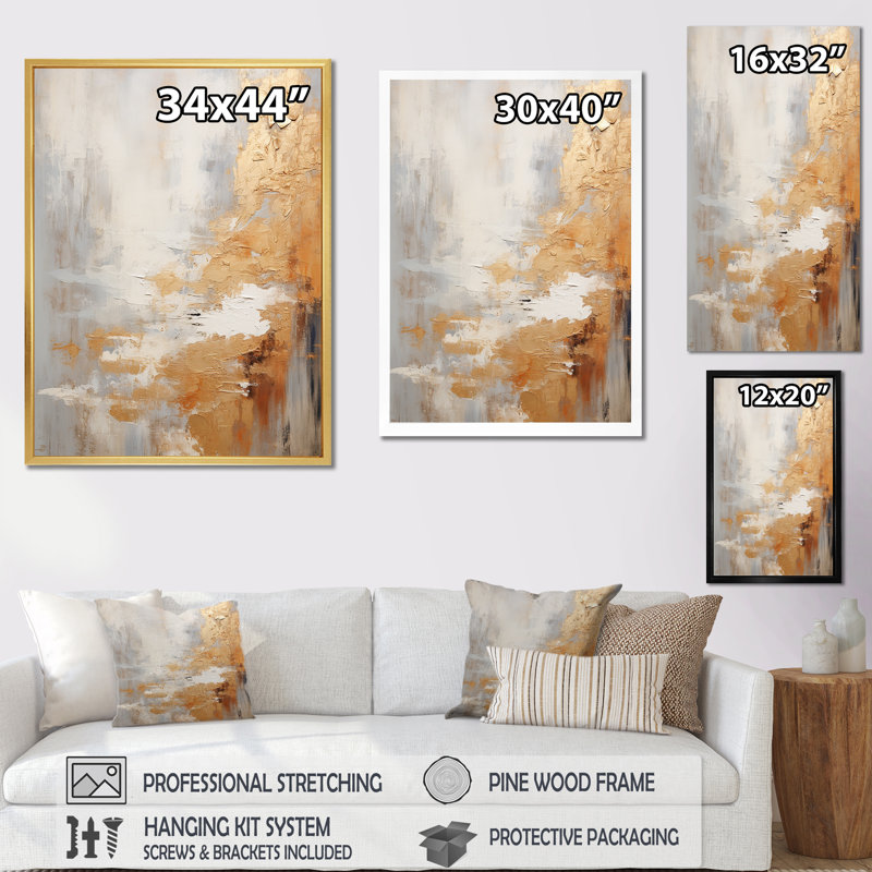 Minimalisme beige et or vague horizon III - Collages abstraits, art mural, salon, Cadre simple argenté