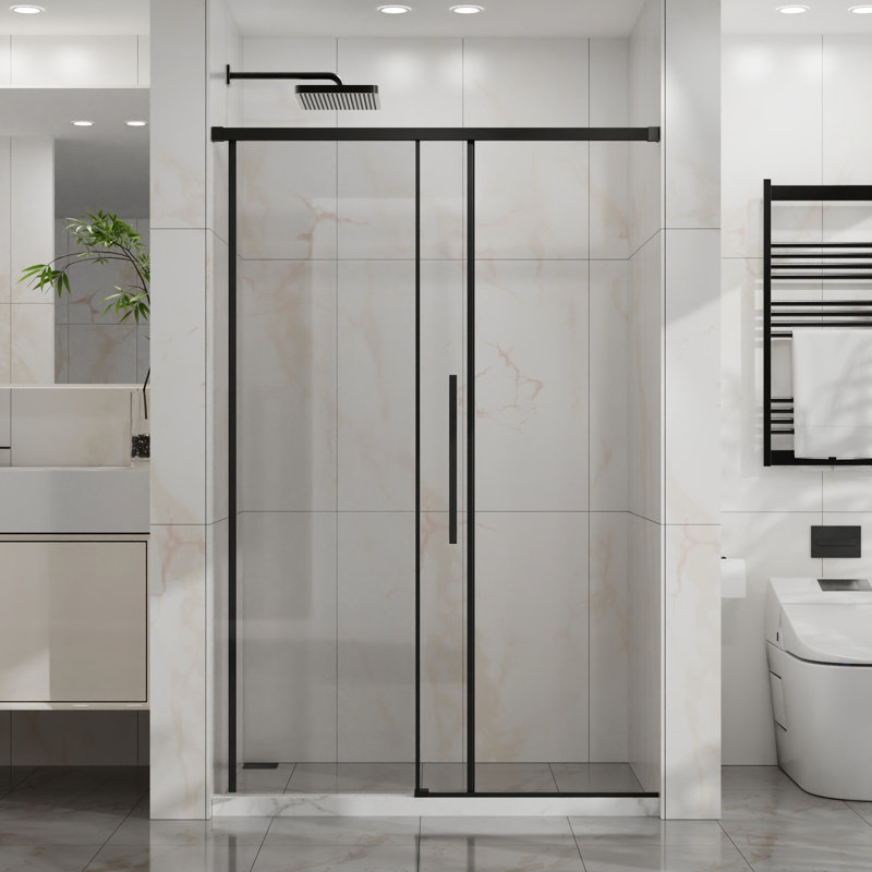 48" W X 72" H Semi- Shower Door, 1/4" (6mm) Thick Tempered Clear Glass, Easy, Matte Black Stainless Steel, Reversible Design, Waterproof Seal, Quiet Slide For Bathroom 6mm Glass Modern Steel