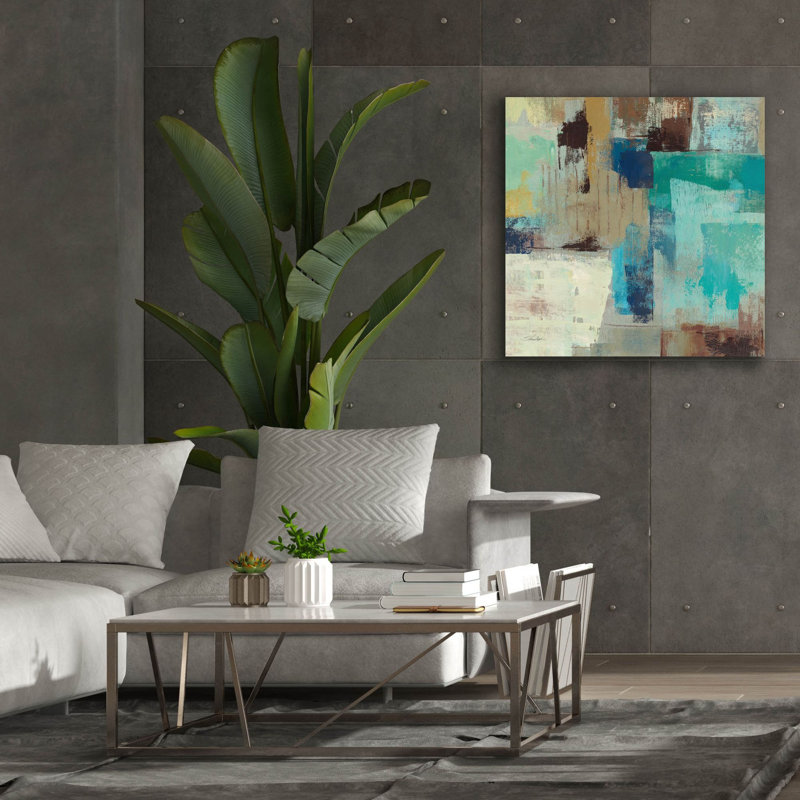 «Teal and Aqua Reflections 3» par Silvia Vassileva, art mural sur toile, H 37 po x l 37 po