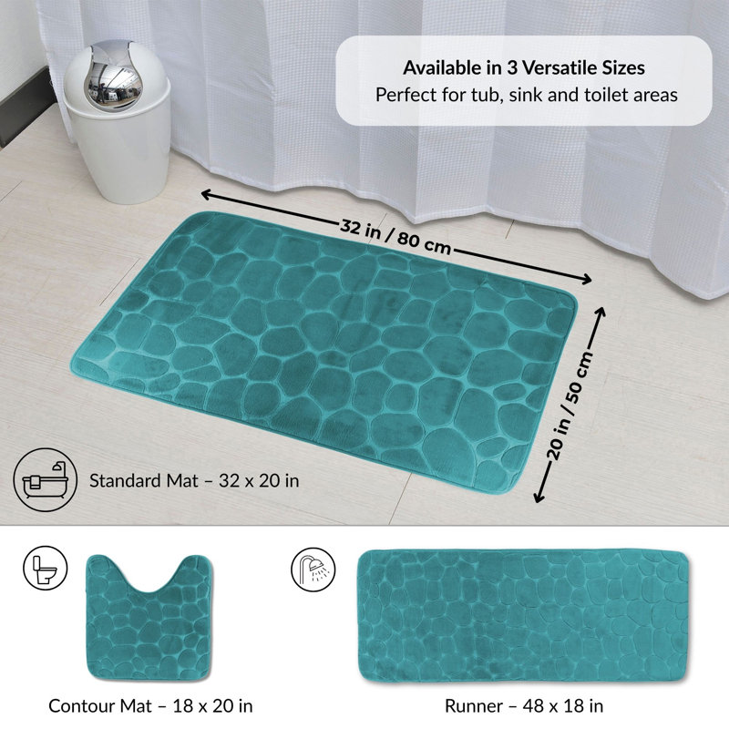 Cobble Stone Mat Memory Foam and Microfiber / Microsuede Non-Slip Bath Mat, Peacock Blue