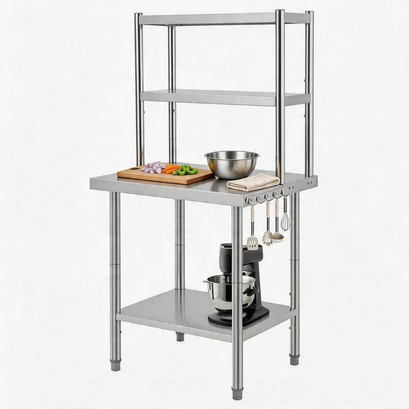 Table de travail 30 po x 24 po x 65 po en acier inoxydable avec crochets latéraux et tablette fixe - Station de préparation pour les petites cuisines