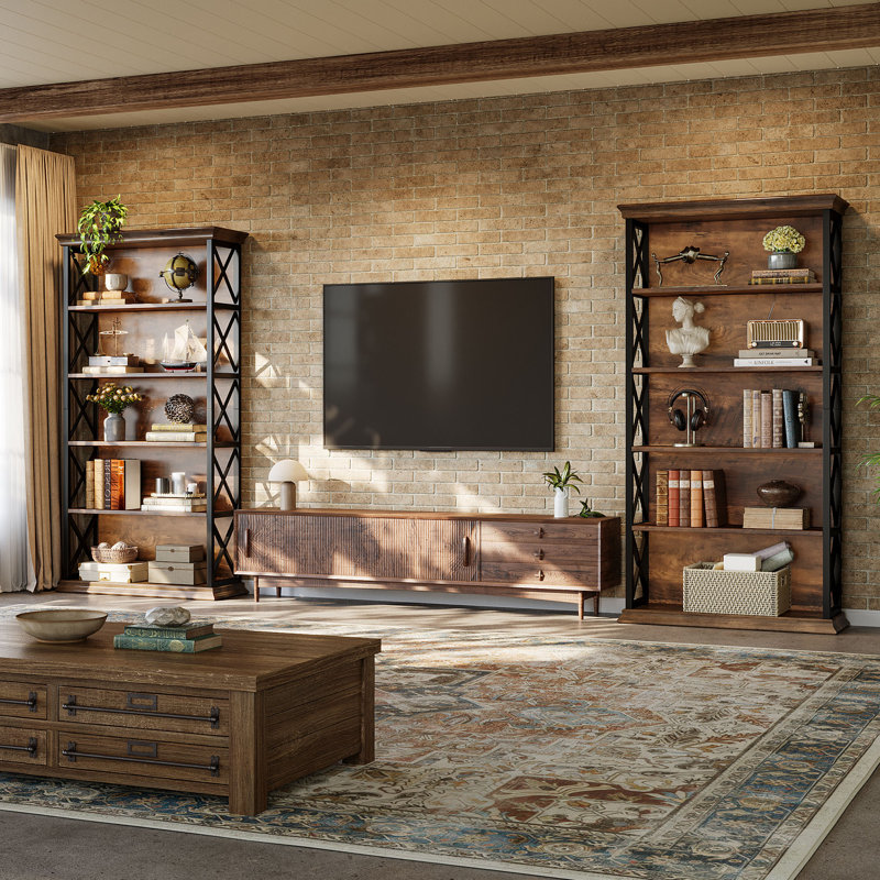 71" Etagere Bookshelf Set, 5-Shelf Industrial Bookcase For Home Office, Living Room, Rustic Brown/Black, 2