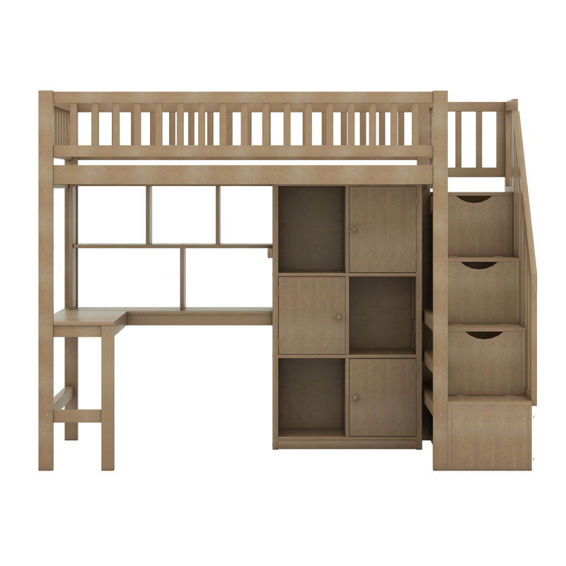 Lit mezzanine simple en bois avec bureau intégré, DEL, tablettes de rangement, armoires et escalier, Noyer