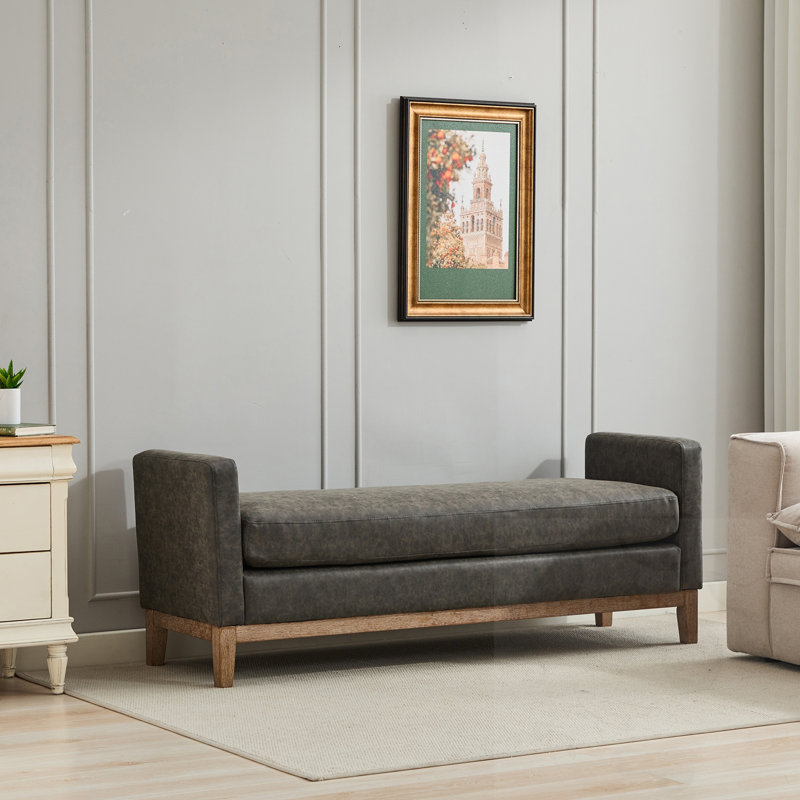 Upholstered Bench With Arms And 2 Bolsters, Gray, Walnut