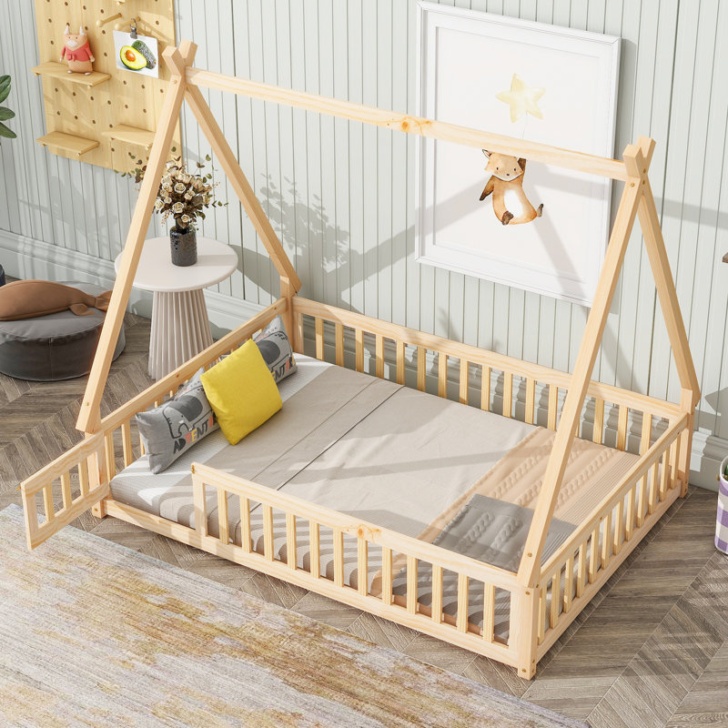 Lit simple en forme de tente avec garde-corps, porte et plateforme à lattes - Lit pour enfant en bois de pin, gris, Gris