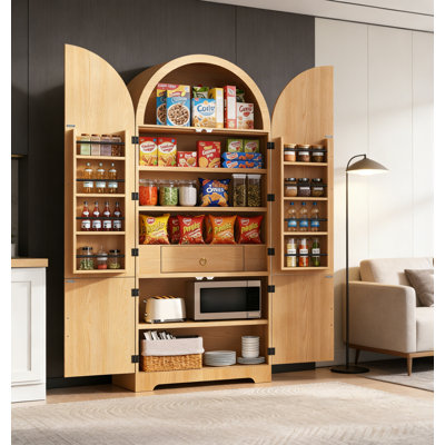 Grande armoire de rangement arquée 72 po avec 4 portes et tiroir 72 po - Garde-manger en bois naturel pour cuisine et salle de bain
