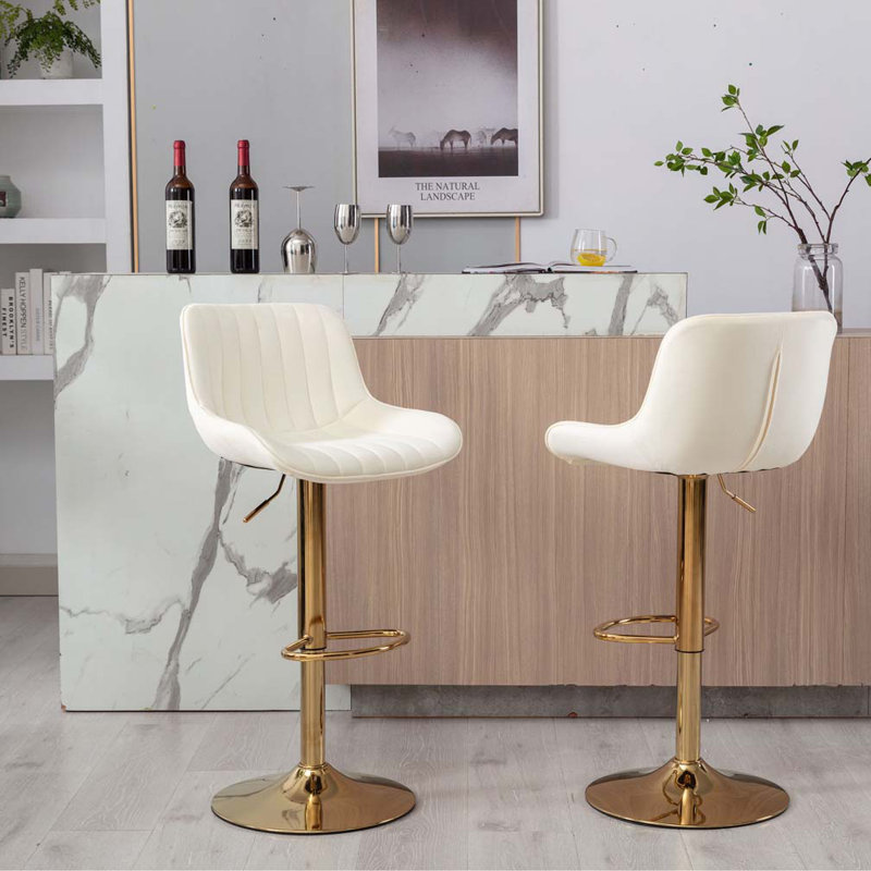Ensemble de tabourets de bar rembourrés réglables en tissu chromé avec dossier et repose-pieds, Ivoire ivoire