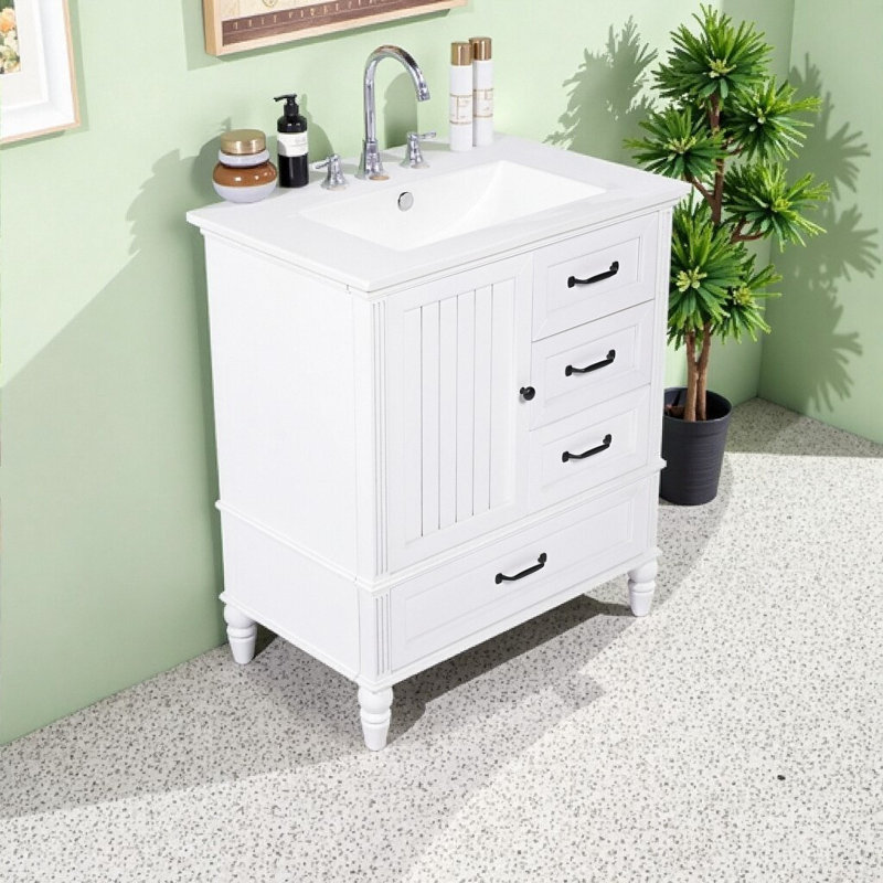 Meuble-lavabo autoportant de 30 po avec lavabo en céramique et beaucoup de rangement Retro Charm | Pieds en bois massif de style campagnard, tiroirs à fermeture en douceur et assemblage facile