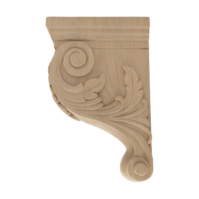 13 in x 4 in x 8-1/2 in Unfinished Large Hand Carved Solid Acanthus Leaf Wood Corbel
