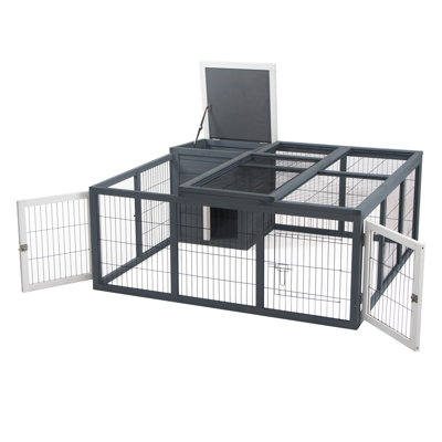 Cage à petits animaux en bois et métal gris avec une course pour lapins et cochons d'Inde