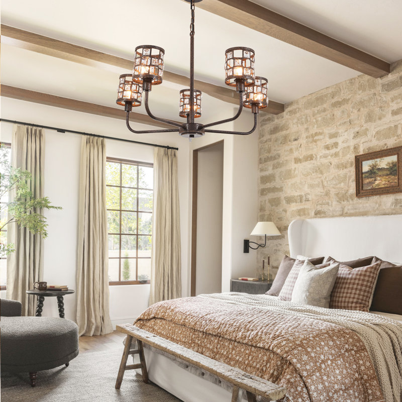 5 Light Dimmable Farmhouse Chandelier, Retro Iron Rust Lighting With Crystal Decorations