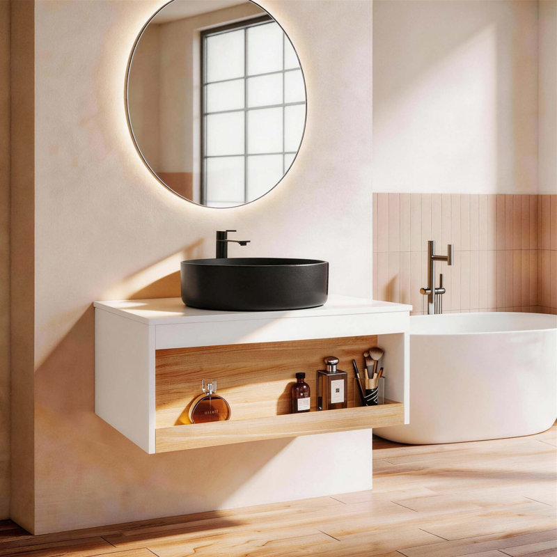 Meuble-lavabo flottant peu encombrant avec lavabo vasque noir mat et rangement ouvert