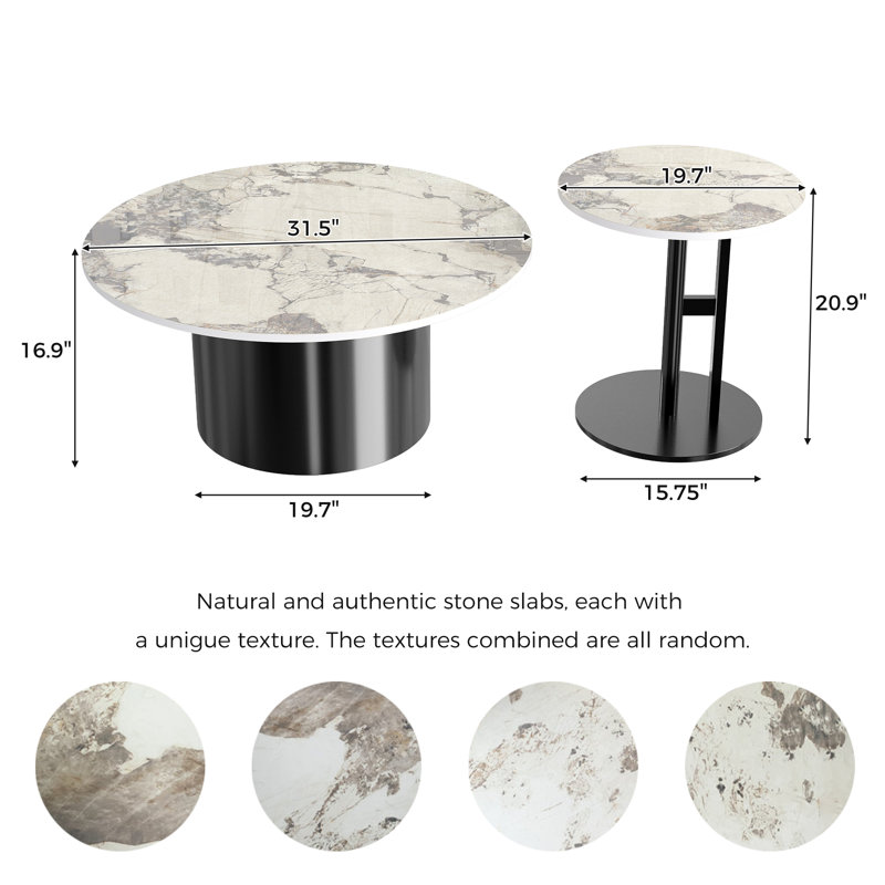 Ensemble de table basse 2 pièces, table basse ronde moderne avec base en acier inoxydable, Noir