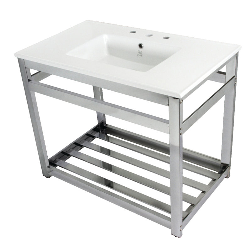 Lavabo de salle de bain rectangulaire en céramique avec trop-plein Quadras, Blanc / chrome poli