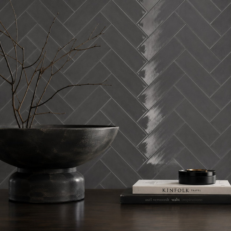 Curvaceous 3" x 12" Ceramic Wall Tile, Dark Gray