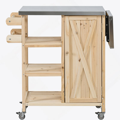 Foldable Outdoor Kitchen Island With Lockable Wheels, Storage Cabinet, And Towel Rack For Patio And Outdoor Use, Natural