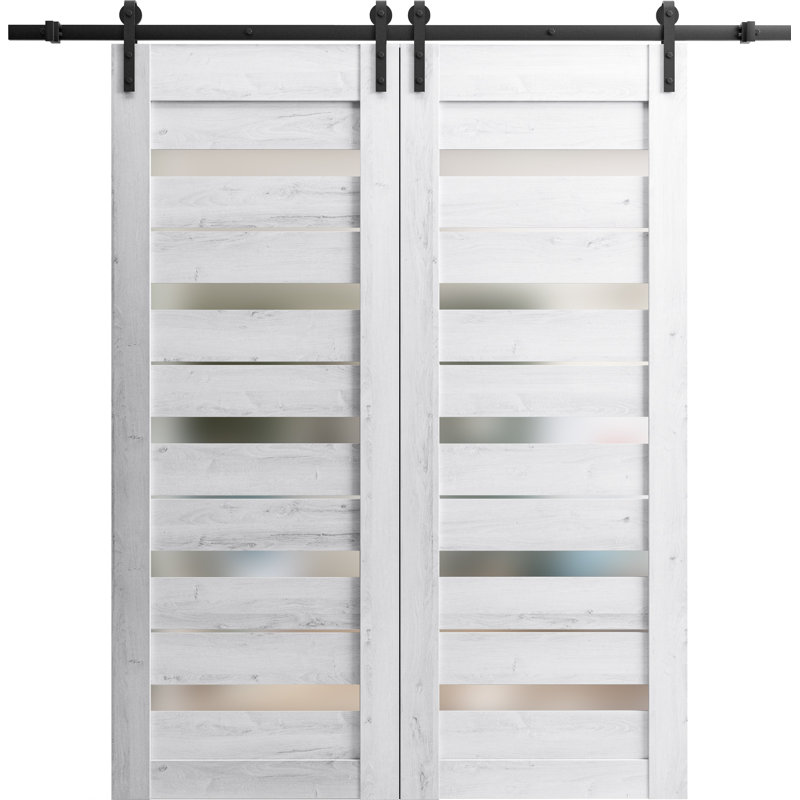 Porte de grange double robuste | Chêne cognac Quadro 4445 avec verre givré | Ensemble de 13 cintres lourds pour rail, Blanc