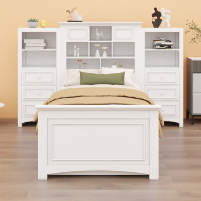 Lit plateforme en bois avec armoire verticale tout-en-un et 4 tiroirs de chaque côté