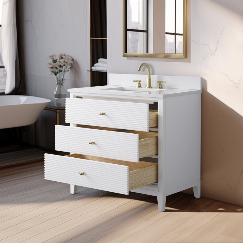 Caldwell 36" Single Sink Freestanding Bathroom Vanity with Engineered Marble Top, White, Golden Brushed, Ariston White