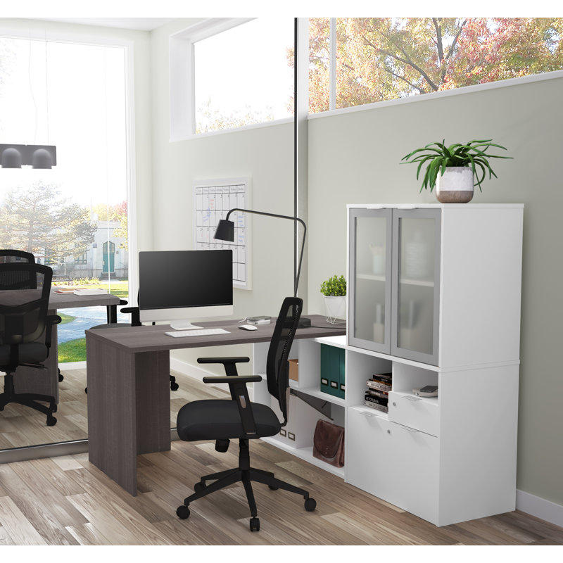 Bureau d'écriture en L réversible avec huche Opérle, Gris écorce / blanc