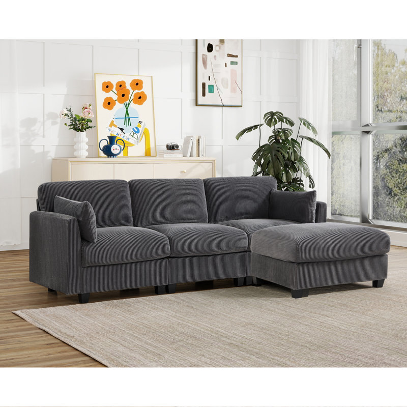 Canapé modulaire rembourré en velours côtelé de 97,9 po Brampton avec repose-pieds amovible Brampton, Stone Grey