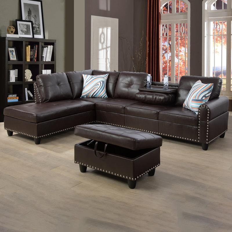Plyler 97.2" Wide Modular Sectional with Ottoman, Left Hand Facing, Brown Faux Leather