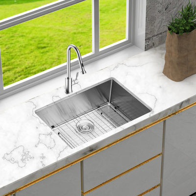 27"X18"X10" Single Bowl Undermount Sink, 304 Stainless Steel, 16 Gauge, X - Shaped Water Guide, R10 Rounded Design, Thick Condensation Coating, 3Mm Pad, Dish Grid, Drain Assembly, Drying Rack 27"