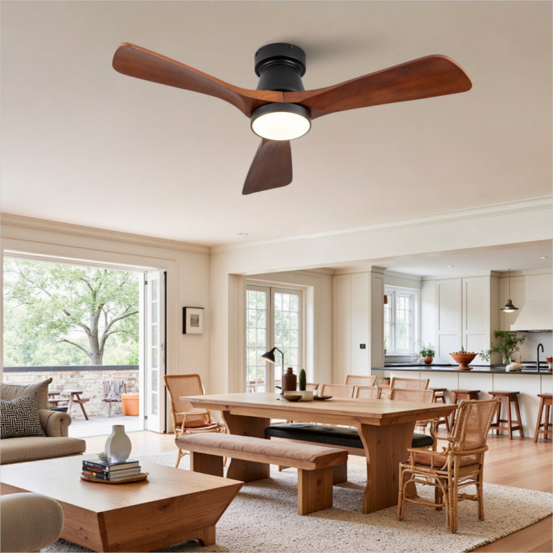 Ventilateur de plafond encastré avec pales en bois massif et lumière DEL à intensité variable, 42 po, noir classique, idéal pour les chambres à coucher et les patios