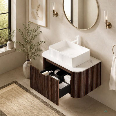 Meuble-lavabo 30 po, armoire de rangement à contreplaqué à bords arrondis avec tiroir, vasque rectangulaire en céramique et plateau en pierre frittée, pré-assemblé
