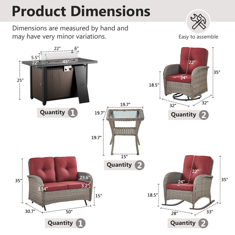 8-Piece Outdoor Porch Rattan Nighttime Family Fire Pit Set With Gliding Loveseat, Rocking Chairs And Swivel Chairs, Red