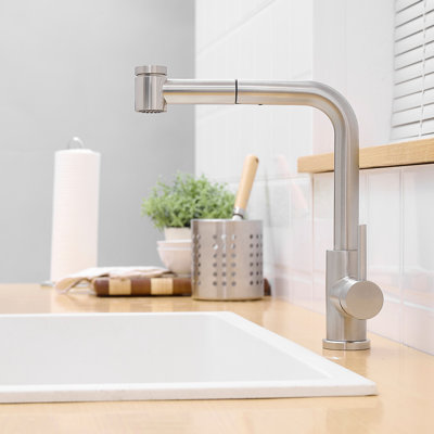 Contemporary Sink Faucet With Pull Out , Brushed Nickel Finish, Stainless Steel, Ceramic Fill Kitchen Down Spray, Nickel,