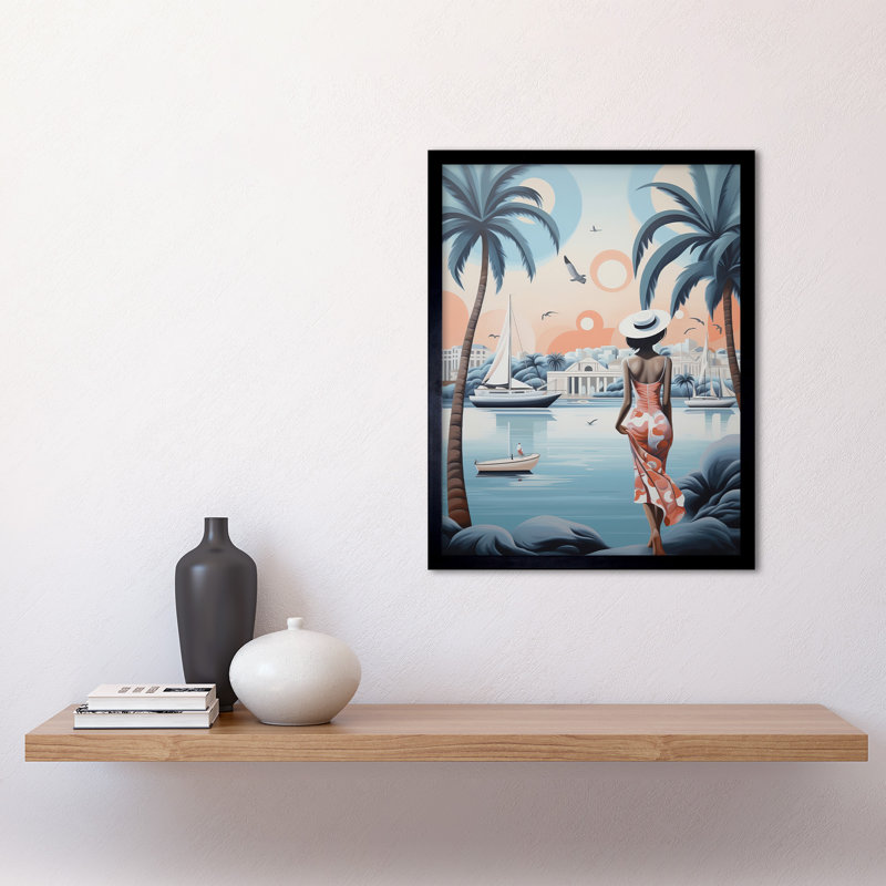 French Riviera Palm Tree Coastline Boats Woman Cote D'Azur - Single Picture Frame Print
