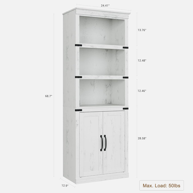 5 Tier Bookshelf With Storage, 68.7'' Tall Bookcase, Wooden Storage Cabinet, White