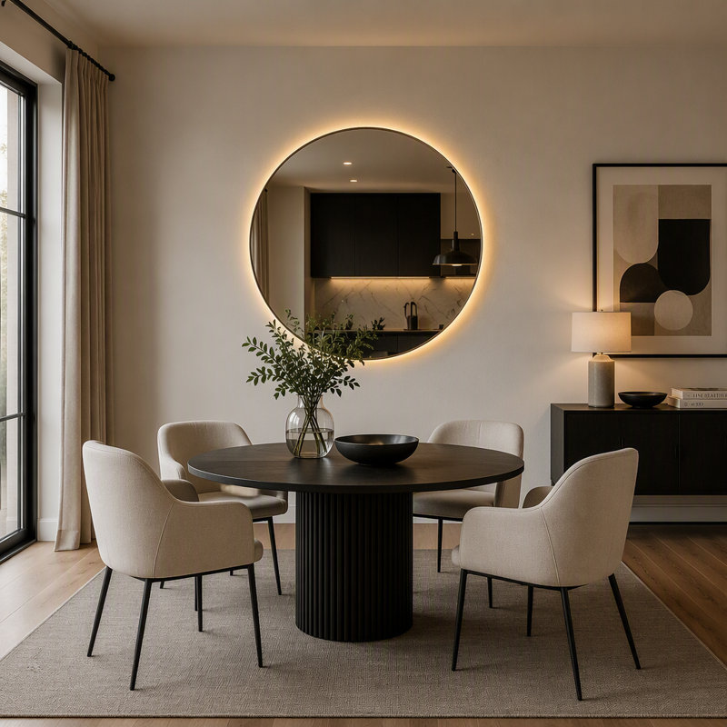 Miroir de salle de bain rond de 28 pouces avec cadre en aluminium noir, éclairage DEL à intensité variable et traitement antibuée