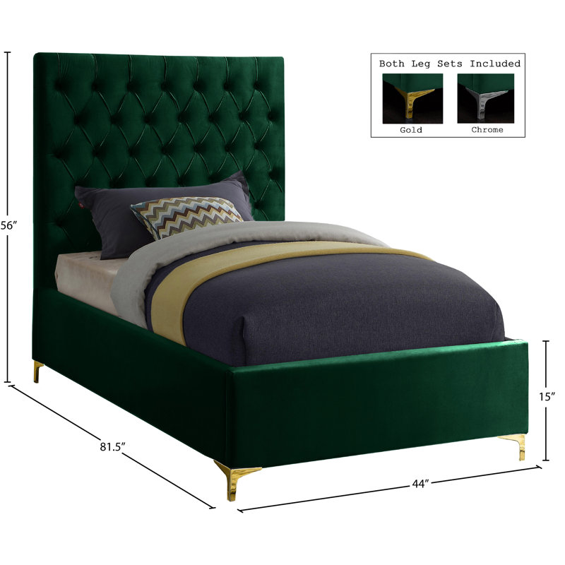 Lit plateforme tapissier Cruz, Lit simple, Velours vert