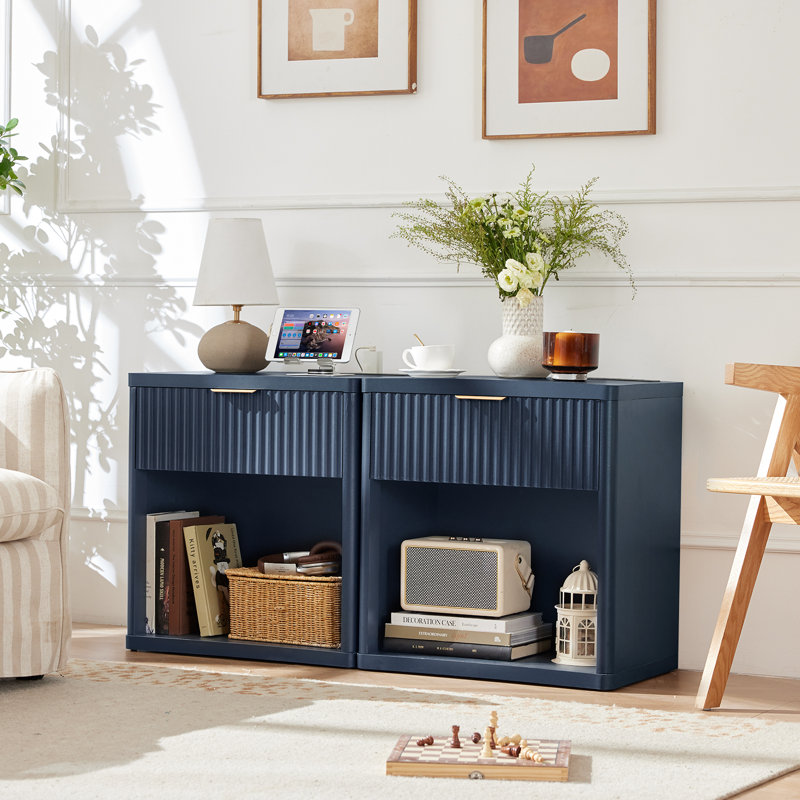 Fluted Nightstand With Charging Station, 23" Wide 1 Drawers Night Stand,End Table With Open Storage,Farmhouse Bed Side Tables, Wood Dresser For Bedroom, Living Room, Closet
