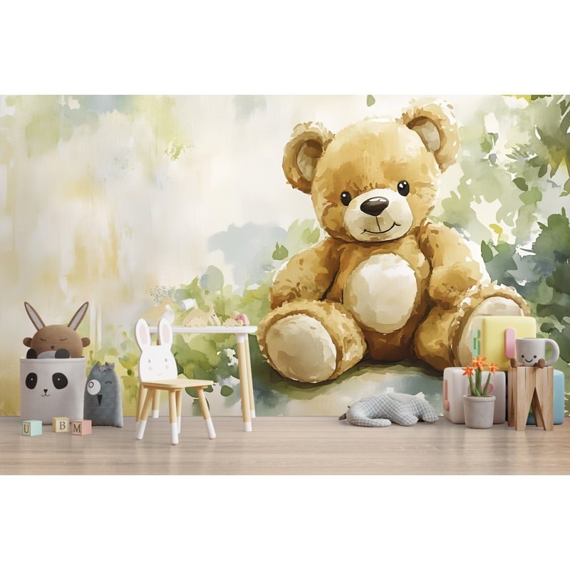 Adorable papier peint à l'aquarelle avec un ours en peluche , L 144 po x l 100 po, Peler et coller