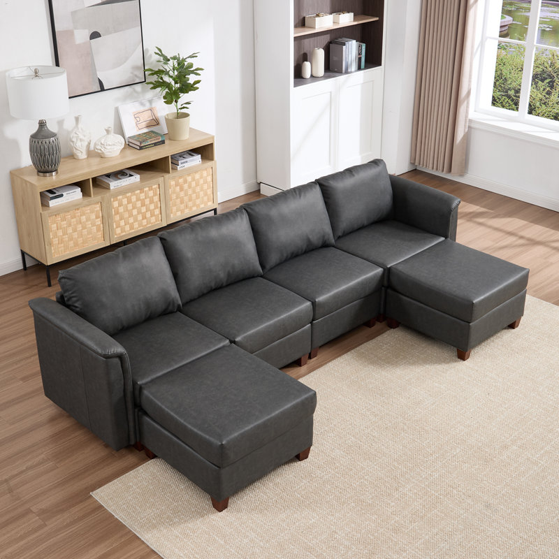 Canapé modulaire rembourré 6 pièces 6 pièces, Similicuir gris, Bois brun