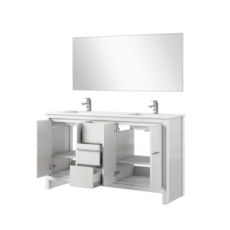 Meuble-lavabo double l 60 po x P 20 po, comptoir en quartz, robinet et miroir de 55 po, Blanc/chrome