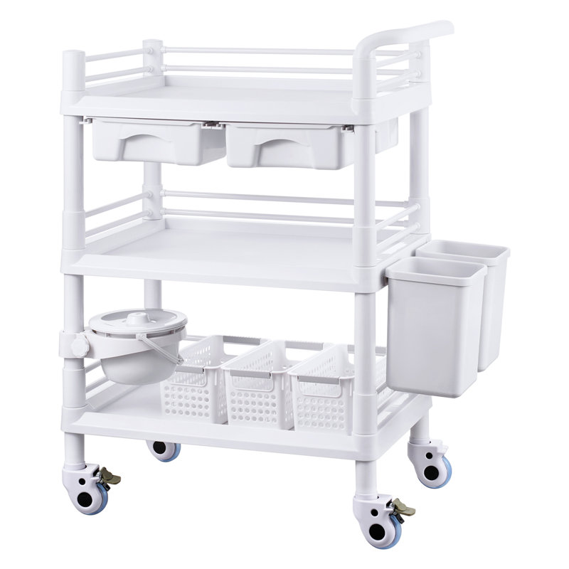 Chariot médical mobile à 3 niveaux avec 3 plateaux et 3 poubelles